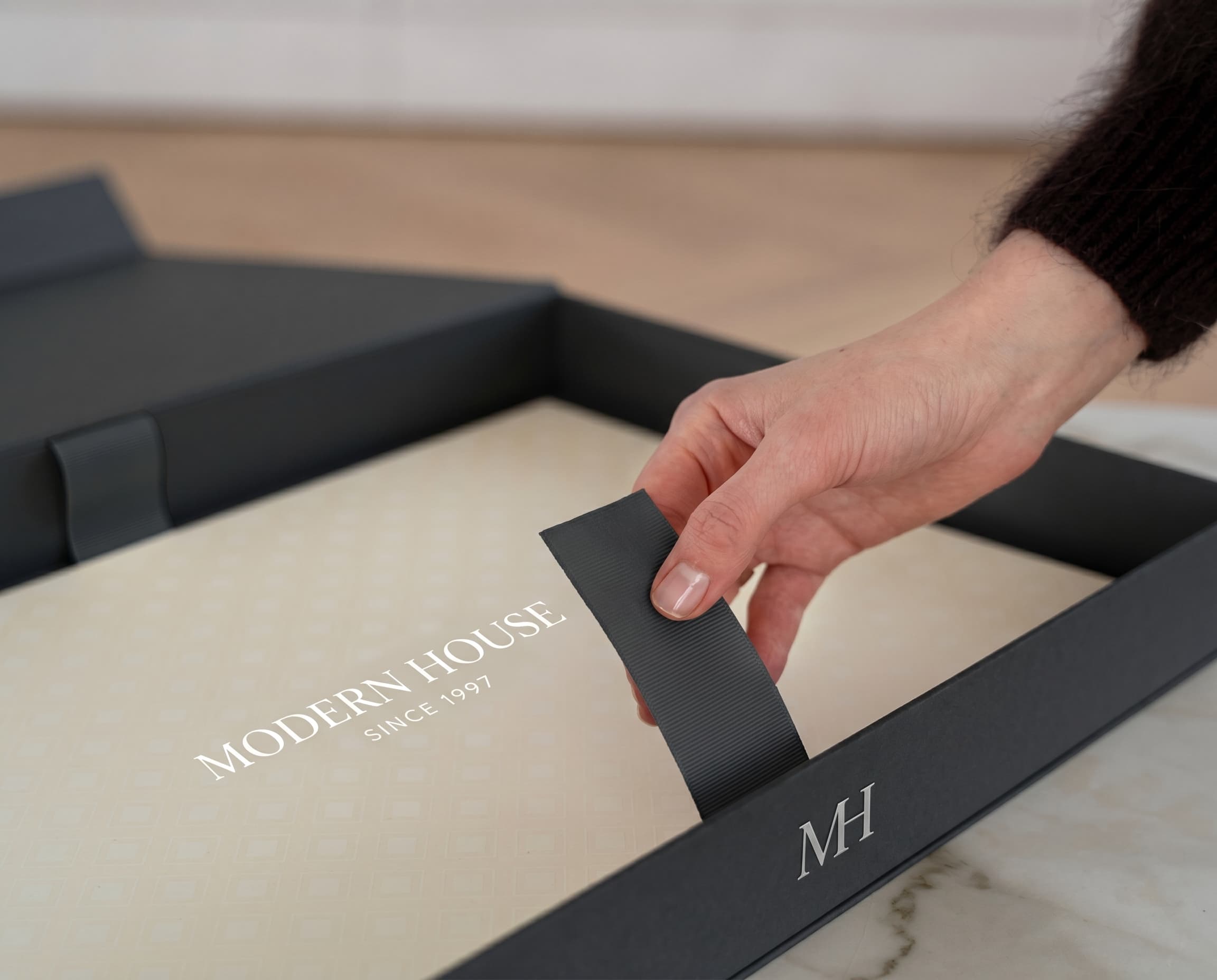 Modern House packaging detail with ribbon and logo